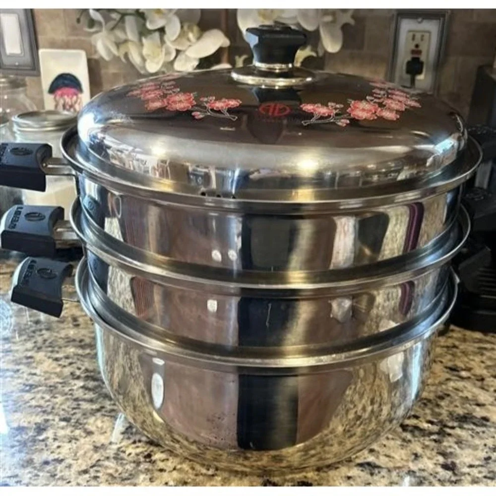 Alain Delon cherry blossom vintage 3 Tier Stainless Steel Steamer Pot France 13